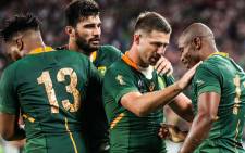 Springbok players celebrate a try. Picture: @Springboks/Twitter