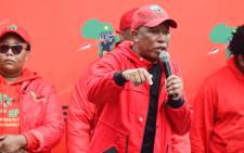 EFF leader Julius Malema addresses supporters in Stellenbosch on 6 April following a march to business tycoon Johann Rupert's Remgro offices. Picture: @EFFSouthAfrica/Twitter
