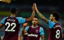West Ham's Sebastien Haller celebrates a goal with teammates during their English League Cup match against Charlton on 15 September 2020. Picture: @WestHam/Twitter