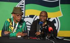 The ANC's Pule Mabe and Obed Bapela at an ANC North West provincial conference briefing. Twitter/@MYANC