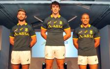 Wille le Roux, Eben Etzebeth and Juan de Jongh during the unveiling of new ASICS Springbok Jersey on 24 April 2014. Picture: Facebook.