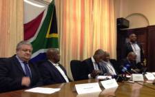 Opposition Members of Parliament speak to the media on National Assembly Speaker Baleka Mbete. Picture: Gaye Daivs/EWN.