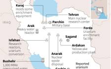 Map of Iran showing major nuclear facilities. 