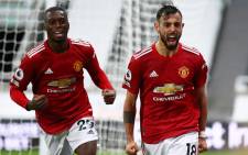 Manchester United's Bruno Fernandes (right) celebrates his goal against Newcastle United in their English Premier League match on 17 October 2020. Picture: @ManUtd/Twitter