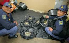 South African Police Service members seen with bags of abalone seized in  Burgundy Estate, Cape Town. Picture: @SAPoliceService/Twitter