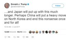 US President Donald Trump's tweet after North Korea launched a latest ballistic missile on 4 July 2017. Picture: @realDonaldTrump/Twitter