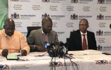 Gauteng Cogta MEC Lebogang Maile (centre) at a press briefing on 23 March 2020 to announce administrators for the recently dissolved Tshwane city council. Picture: @GDCoGTA/Twitter. 




