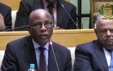 A screengrab of Eskom board chairperson, Mteto Nyati, and Public Enterprises Minister Pravin Gordhan appearing before SCOPA in Parliament on 7 November 2023.