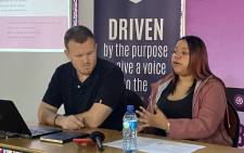 Action Society's Ian Cameron (left) and GBV survivor Janelle Laattoe (right) at a media briefing on gender-based violence on 2 August 2022. Picture: Graig-Lee Smith/Eyewitness News