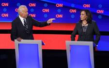 Democratic presidential hopeful Former Vice President Joe Biden (L) gestures toward US Senator from California Kamala Harris during the second round of the second Democratic primary debate of the 2020 presidential campaign season hosted by CNN at the Fox Theatre in Detroit, Michigan on 31 July 2019. Picture: AFP