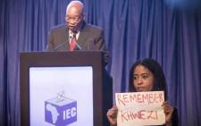FILE: One of four women who staged a silent anti-rape protest during President Jacob Zuma's address at the IEC briefing on 6 August 2016. Picture: Thomas Holder/EWN.