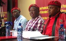 EFF leader Julius Malema and his executive team during a press briefing in Marikana, Thursday 2  July 2015. Picture: Vumani Mkhize