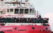 FILE: The Italian rescue ship Vos Prudence run by NGO Medecins Sans Frontieres (MSF) arrives in the early morning of 14 July 2017, in the port of Salerno carrying migrants rescued from the Mediterranean sea. Picture: AFP.