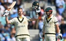 Australia's Steve Smith (L) celebrates his century during day 2 of the ICC World Test Championship cricket final match between Australia and India at The Oval, in London, on 8 June 2023. Picture: Glyn KIRK / AFP