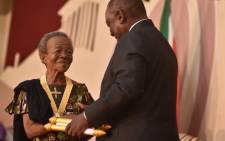 Mary Twala receives the Order of Ikhamanga from President Cyril Ramaphosa. Picture: Presidency.