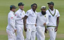 Proteas' players celebrate after Kagiso Rabada (centre) took the wicket of Australia’s Mitchell Starch. Picture: @OfficialCSA/Twitter.