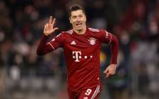 Bayern Munich's Robert Lewandowski celebrates his hat-trick as the German side crushed Red Bull Salzburg 7-1 in the Uefa Champions League match on 8 March 2022. Picture: @FCBayernEN/Twitter