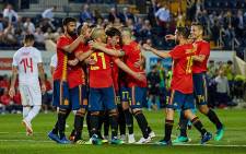 Spain players celebrate a goal. Picture: @SeFutbol/Twitter