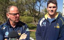 Brumbies coach Jake White and captain Ben Mowen during a press conference in Johannesburg. Picture: Jean Smyth/EWN