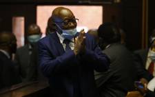FILE: Former South African president Jacob Zuma who is facing fraud and corruption charges greets supporters in the gallery of the High Court in Pietermaritzburg, South Africa, on 17 May 2021. Picture: Rogan Ward/AFP