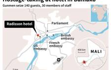 Map of Bamako locating Radisson hotel, Parliament and embassies.