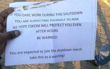 A letter believed to have been sent to Eskom workers who did not take part in the wage increase strike on Thursday. Picture: @KhuluPhasiwe/Twitter.