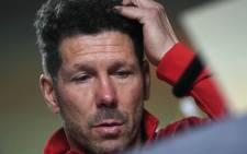 Atletico Madrid's Argentinian coach Diego Simeone holds a press conference at the Wanda Metropolitan Stadium in Madrid on 2 May 2018 on the eve of the UEFA Europa League semi-final second leg football match between Atletico Madrid and Arsenal. Picture: AFP.