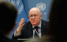 Permanent representative of the Russian Federation to the United Nations (UN), Ambassador Vassily Nebenzia speaks to the media about charges of a massacre in the Ukrainian town of Bucha at United Nations headquarters on 4 April 2022 in New York City. Picture: Spencer Platt/Getty Images/AFP