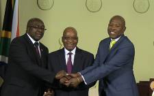 Finance Minister Nhlanhla Nene, President Jacob Zuma, and newly appointed Reserve Bank Governor Lesetja Kganyago at the appointment of the institution's new head in Pretoria on 06 October 2014. Picture: Reinart Toerien/EWN
