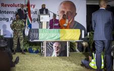 The coffin of late struggle stalwart Ahmed Kathrada stands next to the stage at his official state funeral at Westpark cemetery in Johannesburg on 29 March 2017. Picture: Reinart Toerien/EWN