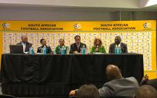 Safa President Danny Jordaan and other officials at a press briefing on 27 March 2019. Picture: @MMStadium/Twitter.