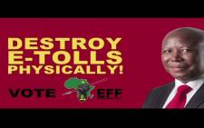 A placard shown during an EFF election campaign advert calls on viewers to destroy e-toll gantries. The SABC banned the advert, saying this is incitement of violence. Picture: EFF/YouTube.