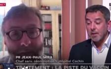 French doctor Jean-Paul Mira and his counterpart appeared on the French television channel LCI earlier this week to discuss the global COVID-19 pandemic. Picture: YouTube screengrab