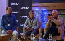 (L-R) Ron Cross, Chief Events Officer of LIV Golf, Atul Khosla Chief Operating Officer of LIV Golf and former Australian golfer Greg Norman, Chief Executive of LIV Golf, hold a press conference for the forthcoming LIV Golf event at The Centurion Club in St Albans, north of London, on 11 May 2022. Picture: GLYN KIRK/AFP