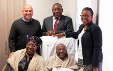 Archbishop Desmond Tutu surrounded by his wife Leah Tutu, daughter Mpho Tutu Von Furth, Deputy President Cyril Ramaphosa and Western Cape African National Congress secretary Faiez Jacobs. Picture: Benny Gool/iWitness.