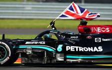 Mercedes drive Lewis Hamilton celebrates his victory in the British GP at Silverstone on 18 July 2021. Picture: @F1/Twitter