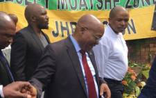 Former President Jacob Zuma greets ANC supporters outside late struggle stalwart Winnie Madikizela-Mandela’s home in Soweto. Picture: Gia Nicolaides/EWN