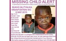 Four-year-old Bukho Mktyalwa went missing on 6 May 2015 at a playground in Wallacedene. Picture: Pinkladies.org.za