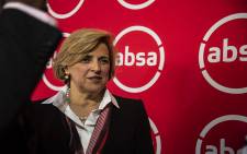 Absa CEO Maria Ramos in front of the new logo for Absa South Africa. Picture: Kayleen Morgan/EWN
