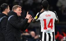 Newcastle United head coach Eddie Howe (L) talks to Newcastle United striker #14 Alexander Isak (R) during the UEFA Champions League 1st round, day 5, Group F football match between Paris Saint-Germain (PSG) and Newcastle United on 28 November 2023 at the Parc des Princes stadium in Paris. Picture: Bertrand GUAY / AFP
