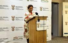 Minister Angie Motshekga briefing media. Picture credit: X/@DBE_SA