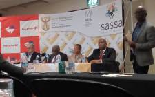 Ministers Siyabonga Cwele and Susan Shabangu with Post Office CEO Mark Barnes and Sassa acting CEO Abraham Mahlangu brief media about progress with Sassa project on 31 Agust 2018. Picture: @PostofficeSa/Twitter.