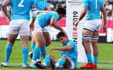 Uruguay players celebrate a try against Fiji during their Rugby World Cup match in Kamaishi, Japan on 25 September 2019. Picture: @rugbyworldcupes/Twitter