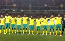 Bafana Bafana players line-up to sing the national anthem ahead of their international friendly against Costa Rica. Picture: Safa.