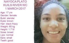FILE: Nayoca Plato (17) has been missing since 1 March 2017. Picture: Pink Ladies.