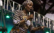 FILE: Zimbabwe’s first lady Grace Mugabe speaks during a campaign meeting at the City Sports Center in Harare, 8 October, 2014. Picture: AFP