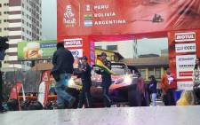 Stephane Peterhansel (right) on the Dakar Rally podium in La Paz, Bolivia on 11 January 2018. Picture: @dakar/Twitter