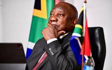 President Cyril Ramaphosa virtually replying to oral questions of the hybrid sitting of the National Assembly. Picture: PresidencyZA/Twitter.