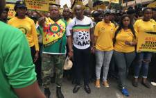 ANC Youth League leadership leads the march to ABSA in JHB CBD. Picture: Kgothatso Mogale/EWN.