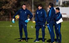 Tottenham Hotspur manager Mauricio Pochettino, second from left, during a training session. Picture: @SpursOfficial/Twitter.